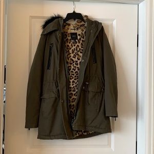 Army Green Parka with Cheetah Print Lining